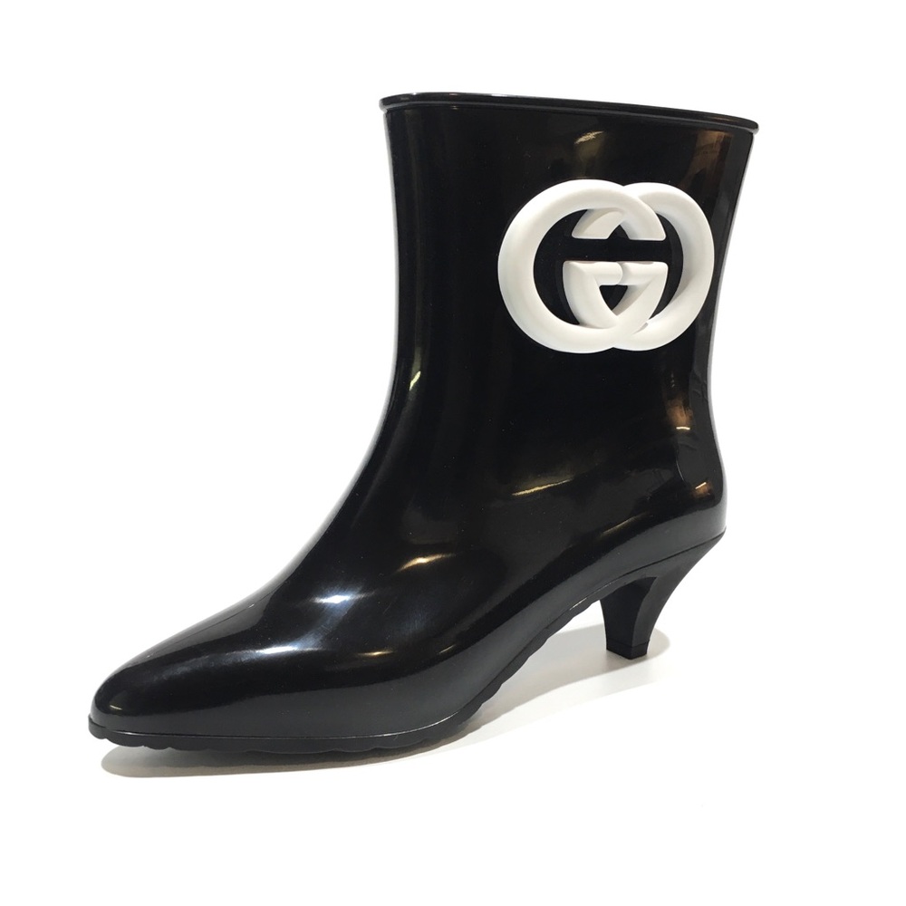 GUCCI INTERLOCKING G SHINNY RUBBER ANKLE BOOTS -BLACK -WOMEN’S US 8 -NEW